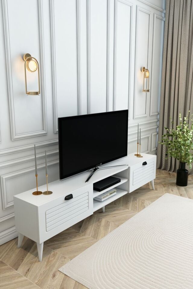 Country Model 150 cm TV Ünitesi – MDF Membran Kapak Modern TV Sehpası |Beyaz Renk Televizyon Konsolu