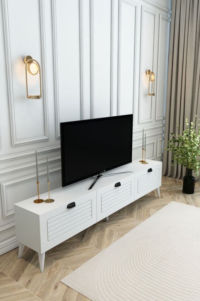 Country Model 150 cm TV Ünitesi MDF Membran Kapak Modern TV Sehpası | Beyaz Renk Televizyon Konsolu