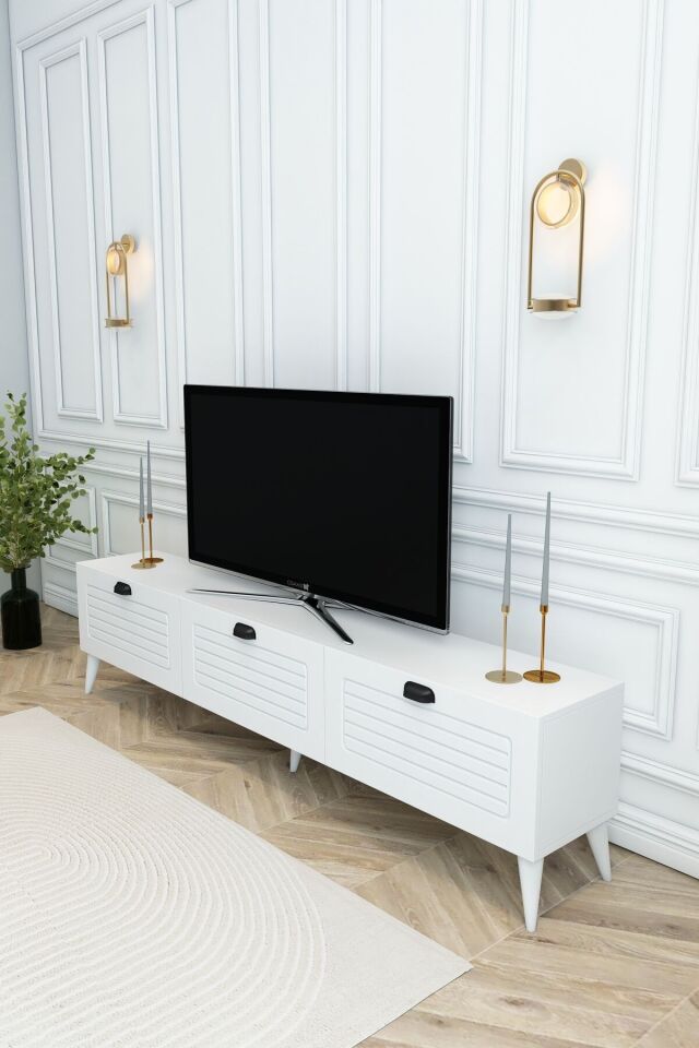 Country Model 150 cm TV Ünitesi MDF Membran Kapak Modern TV Sehpası | Beyaz Renk Televizyon Konsolu