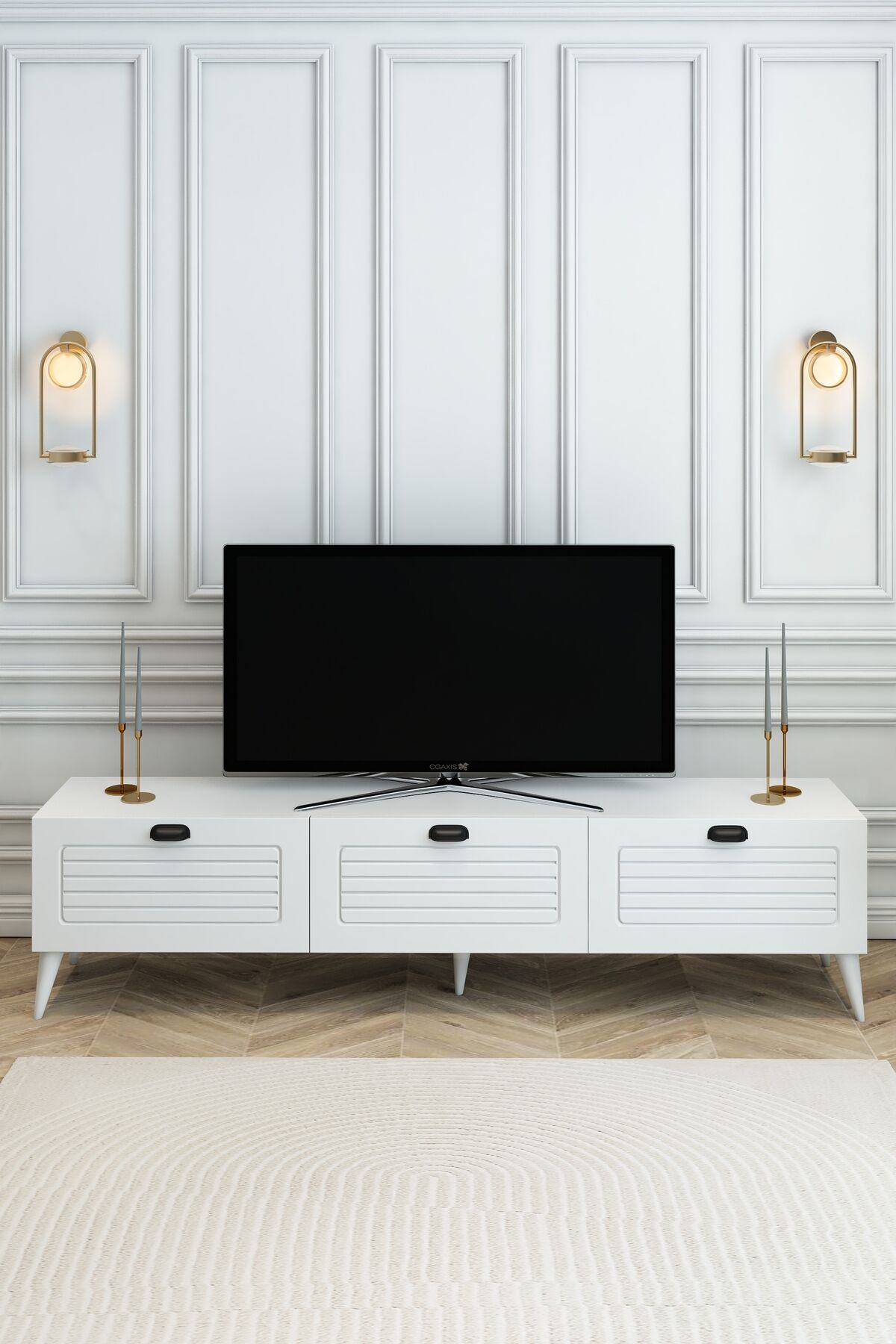 Country Model 150 cm TV Ünitesi MDF Membran Kapak Modern TV Sehpası | Beyaz Renk Televizyon Konsolu