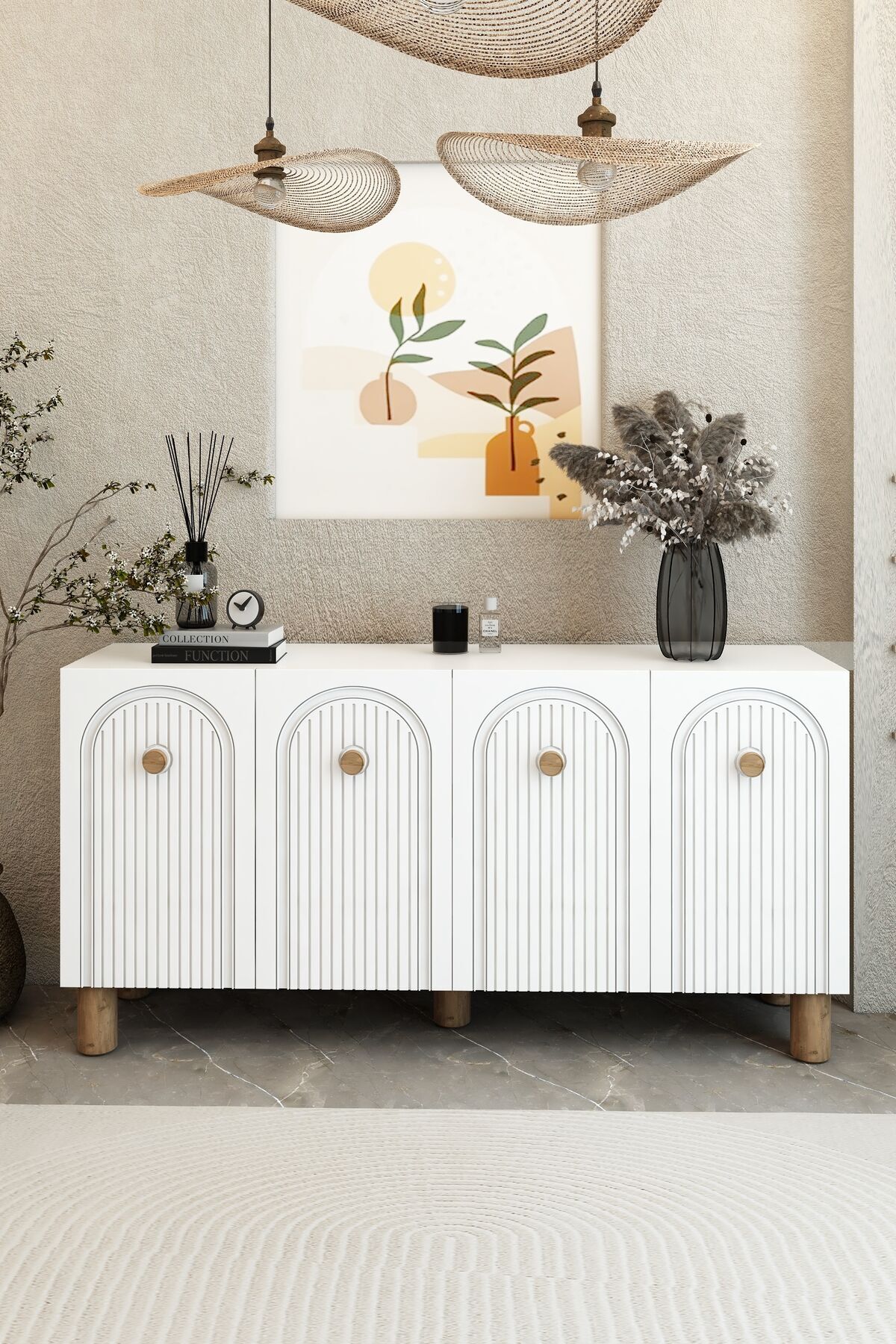 Bohem 4 Kapaklı Beyaz Konsol – MDF Kapaklı Modern Salon Dolabı | Çok Amaçlı Depolama Ünitesi