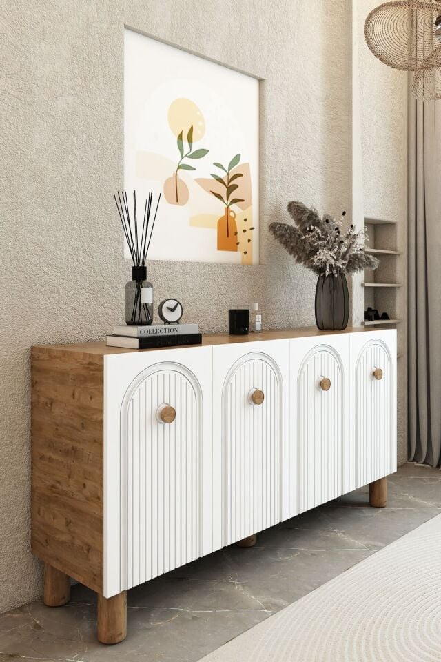 Bohem 4 Kapaklı Kahverengi Konsol – MDF Kapaklı Modern Salon Dolabı | Çok Amaçlı Depolama Ünitesi