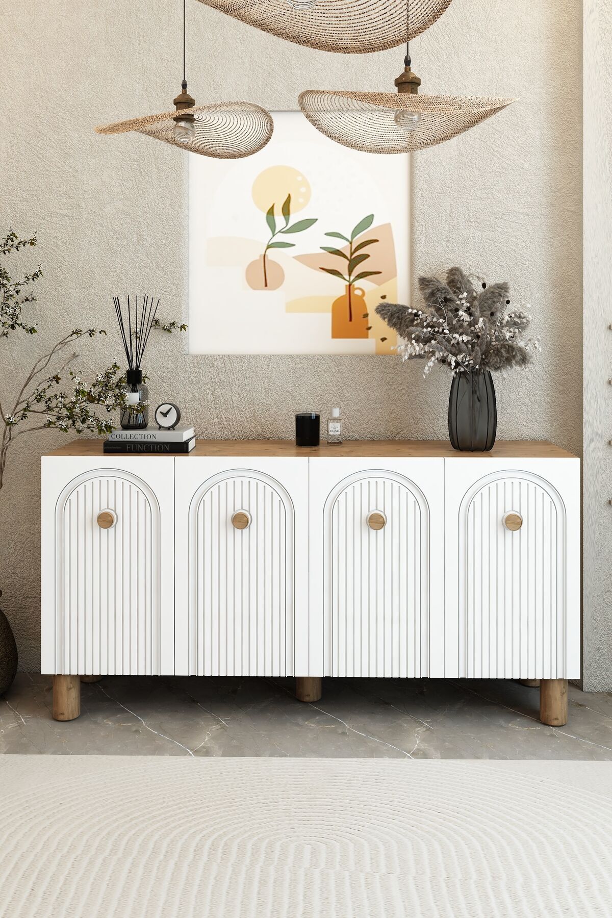 Bohem 4 Kapaklı Kahverengi Konsol – MDF Kapaklı Modern Salon Dolabı | Çok Amaçlı Depolama Ünitesi