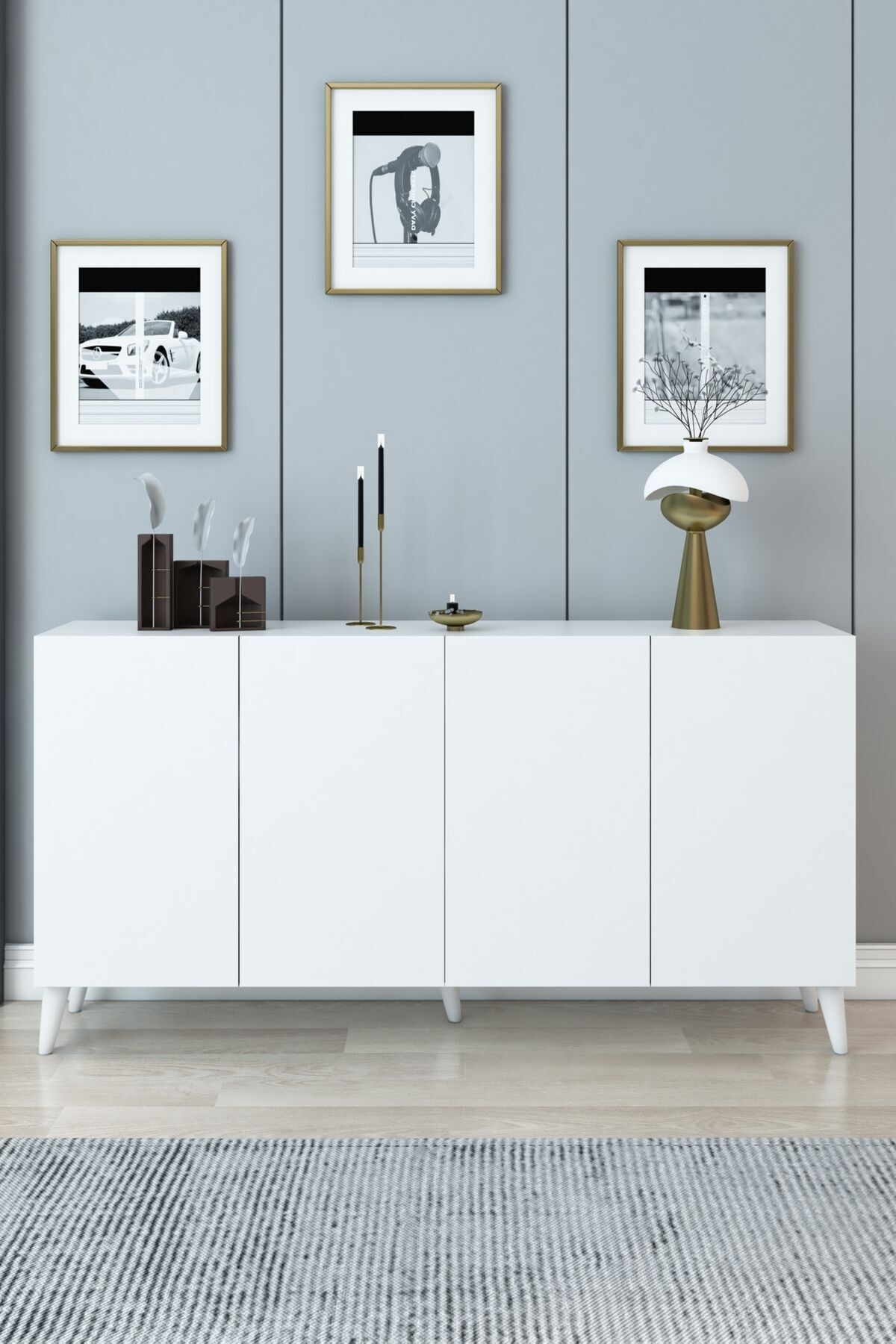 4 Kapaklı Beyaz Konsol – Modern Şık Salon Dolabı | Çok Amaçlı Depolama Ünitesi