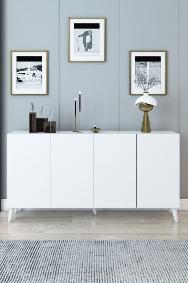 4 Kapaklı Beyaz Konsol – Modern Şık Salon Dolabı | Çok Amaçlı Depolama Ünitesi