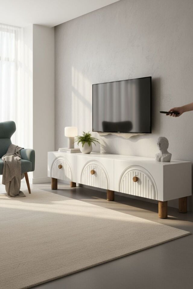 Bohem 150 cm 3 Kapaklı Beyaz TV Ünitesi – MDF Mebran Kapaklı Modern TV Sehpası | Televizyon Konsolu