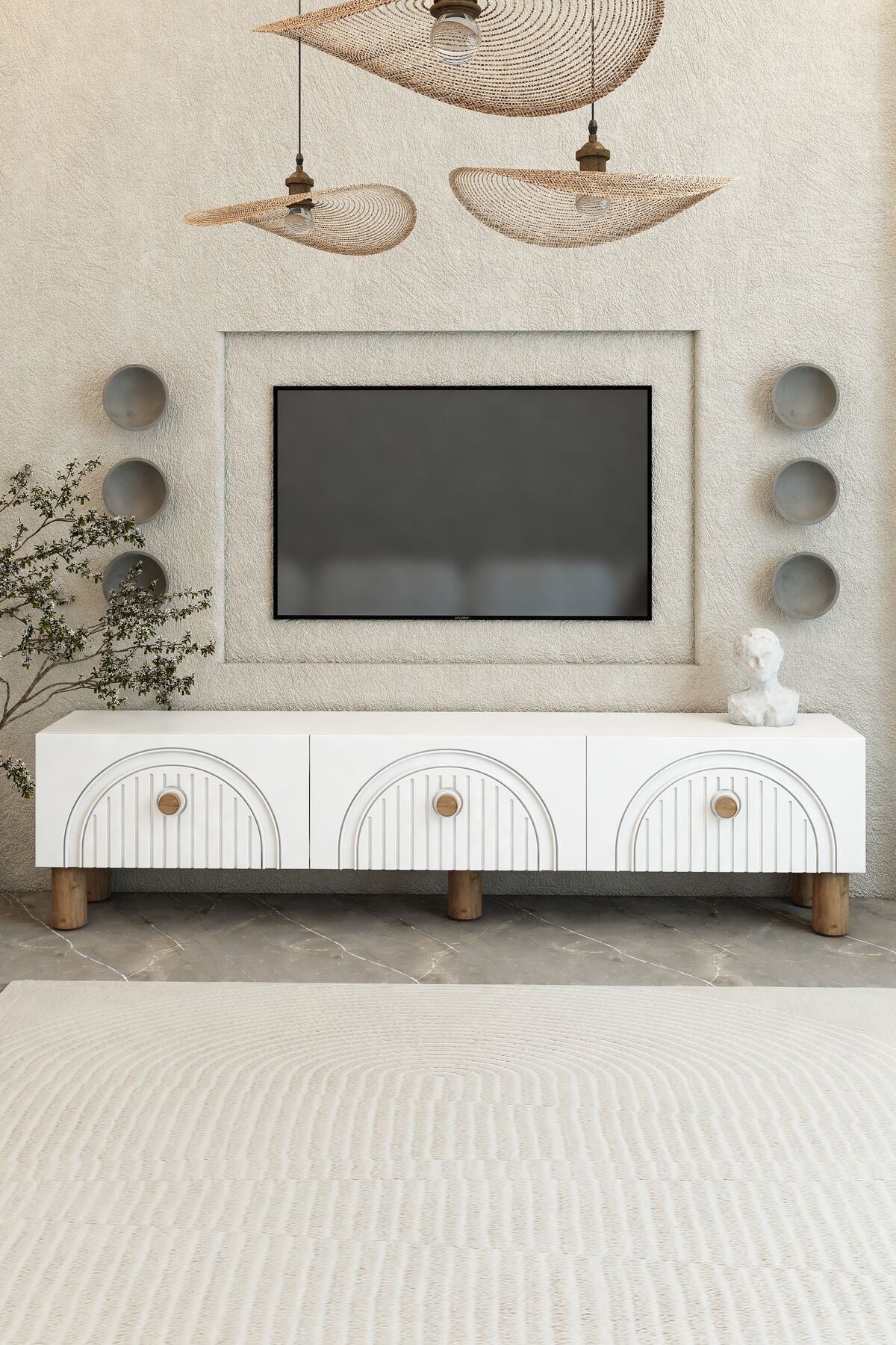 Bohem 150 cm 3 Kapaklı Beyaz TV Ünitesi – MDF Mebran Kapaklı Modern TV Sehpası | Televizyon Konsolu