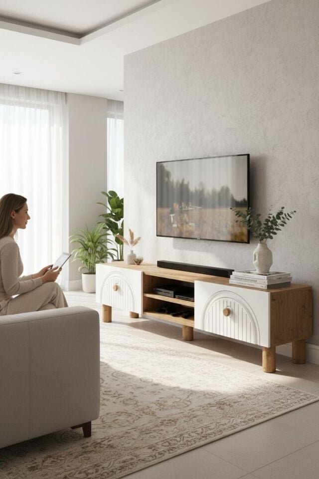 Bohem 150 cm Atlantik Çam Raflı TV Ünitesi – MDF Membran Kapaklı Modern TV Sehpası