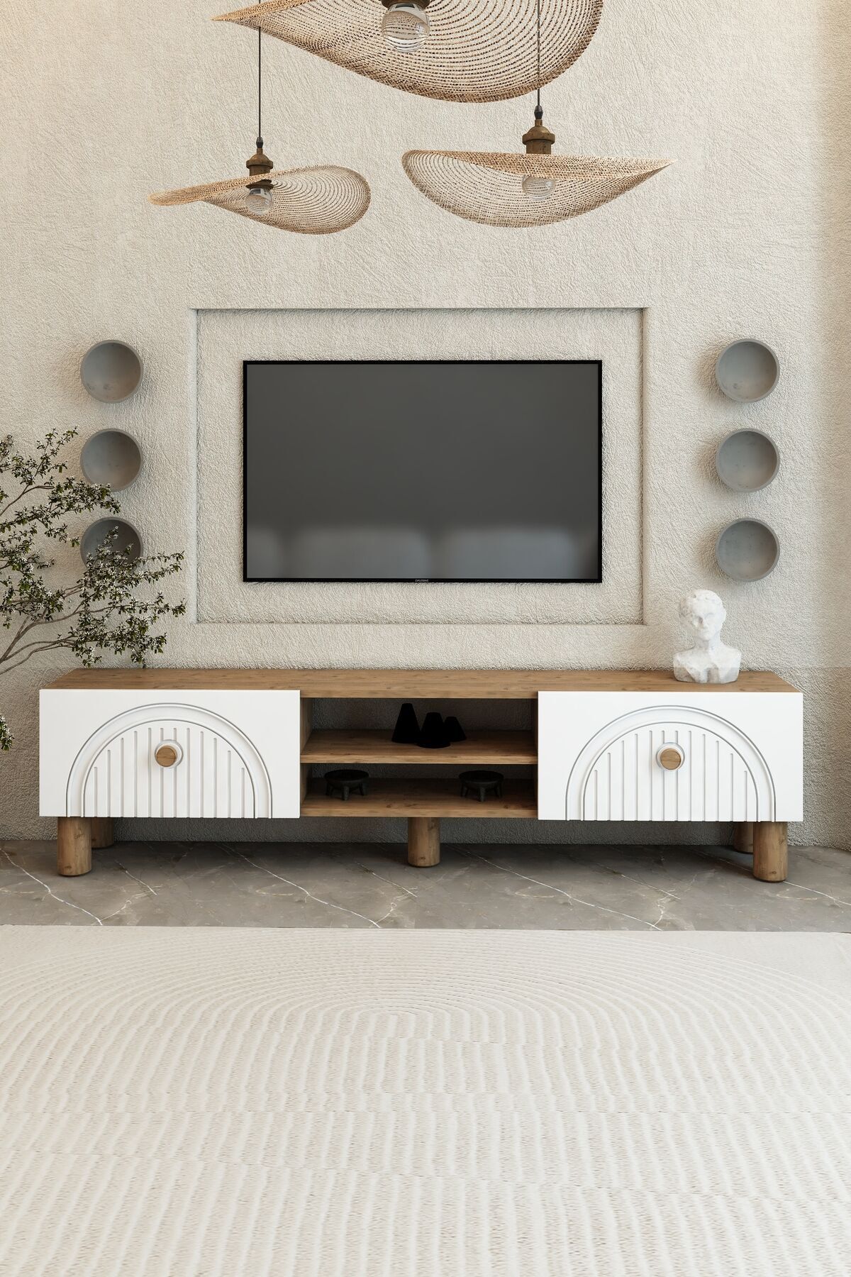 Bohem 150 cm Atlantik Çam Raflı TV Ünitesi – MDF Membran Kapaklı Modern TV Sehpası