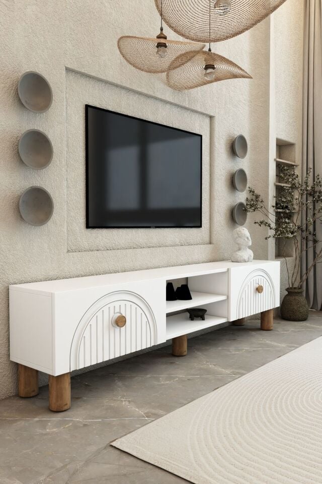 Bohem 150 cm Beyaz Raflı TV Ünitesi – MDF Membran Kapaklı Modern TV Sehpası | Televizyon Konsolu