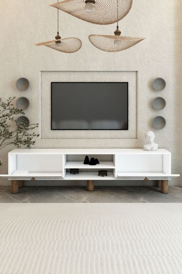 Bohem 150 cm Beyaz Raflı TV Ünitesi – MDF Membran Kapaklı Modern TV Sehpası | Televizyon Konsolu