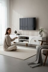 Bohem 150 cm Beyaz Raflı TV Ünitesi – MDF Membran Kapaklı Modern TV Sehpası | Televizyon Konsolu