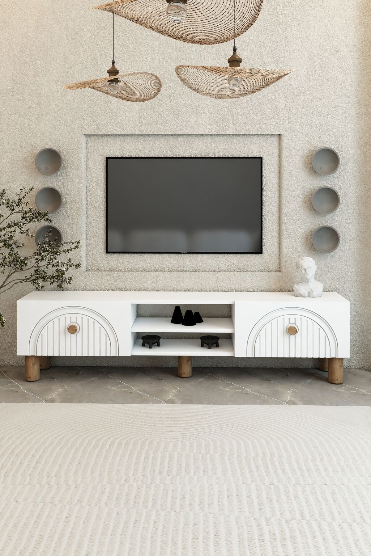 Bohem 150 cm Beyaz Raflı TV Ünitesi – MDF Membran Kapaklı Modern TV Sehpası | Televizyon Konsolu