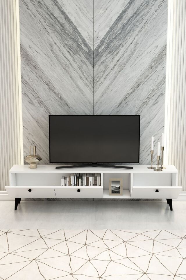 Model Hera 180 cm Beyaz 3 Kapaklı Modern TV Ünitesi – Şık TV Sehpası | Televizyon Konsolu