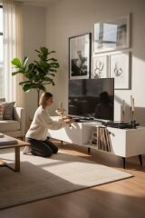 Model Hera 180 cm Beyaz 3 Kapaklı Modern TV Ünitesi – Şık TV Sehpası | Televizyon Konsolu