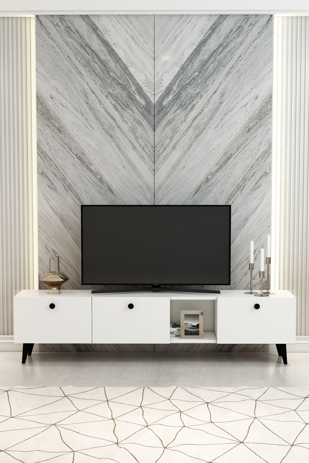 Model Hera 180 cm Beyaz 3 Kapaklı Modern TV Ünitesi – Şık TV Sehpası | Televizyon Konsolu