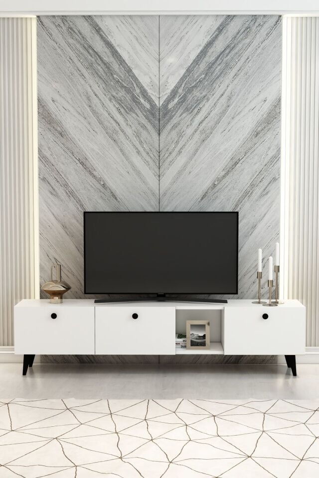 Model Hera 180 cm Beyaz 3 Kapaklı Modern TV Ünitesi – Şık TV Sehpası | Televizyon Konsolu