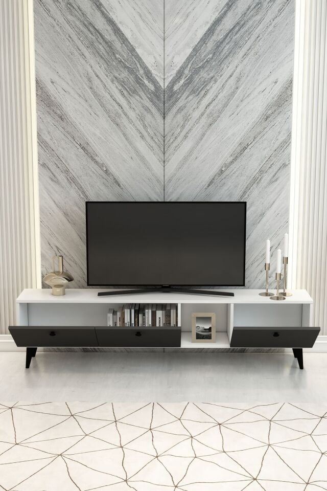Hera 180 cm Beyaz Antrasit 3 Kapaklı Modern TV Ünitesi – Şık TV Sehpası | Televizyon Konsolu