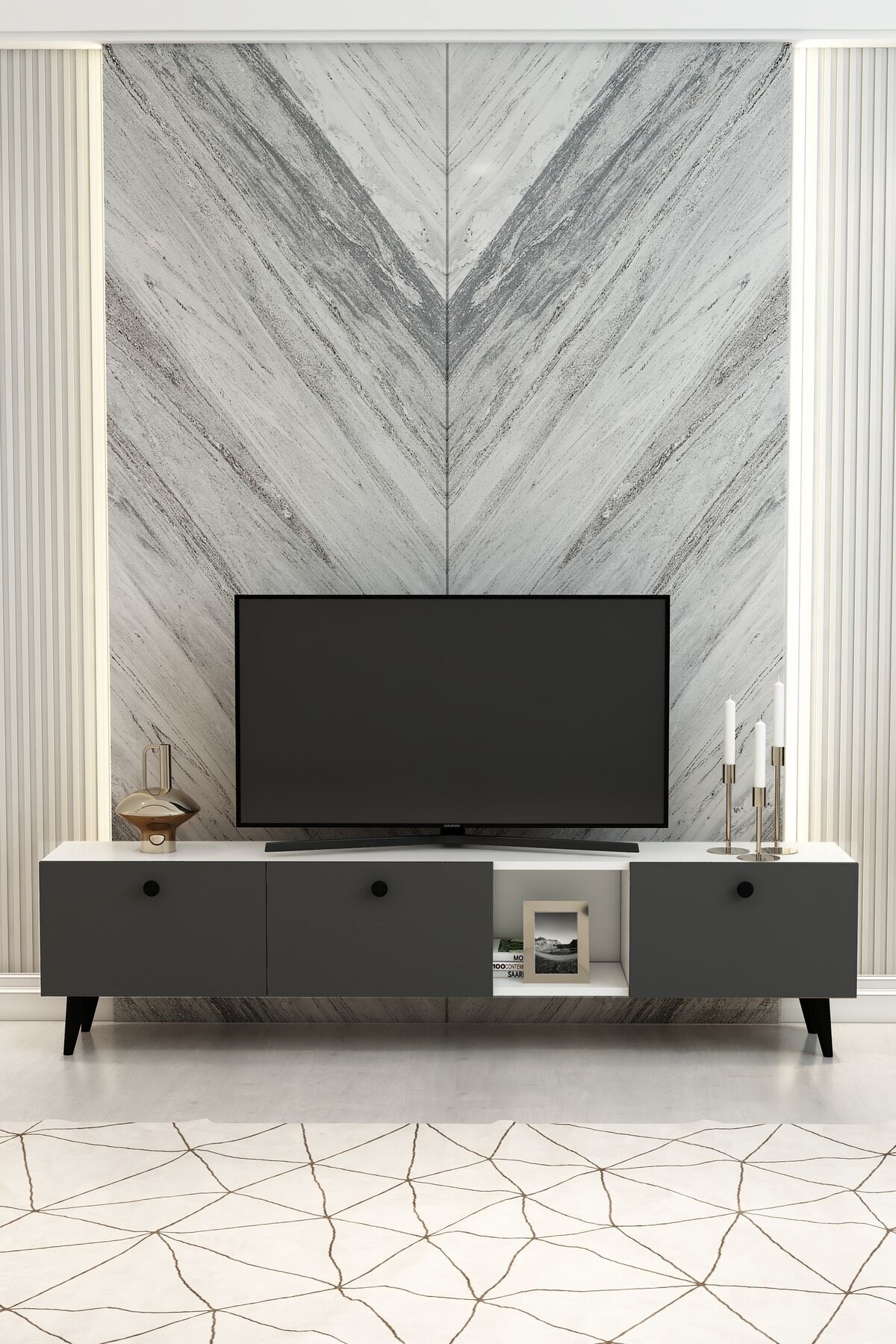 Hera 180 cm Beyaz Antrasit 3 Kapaklı Modern TV Ünitesi – Şık TV Sehpası | Televizyon Konsolu