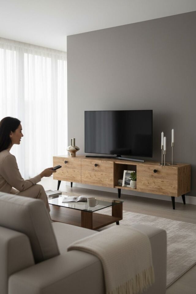 Model Hera 180 cm Atlantik Çam 3 Kapaklı Modern TV Ünitesi – Şık TV Sehpası | Televizyon Konsolu