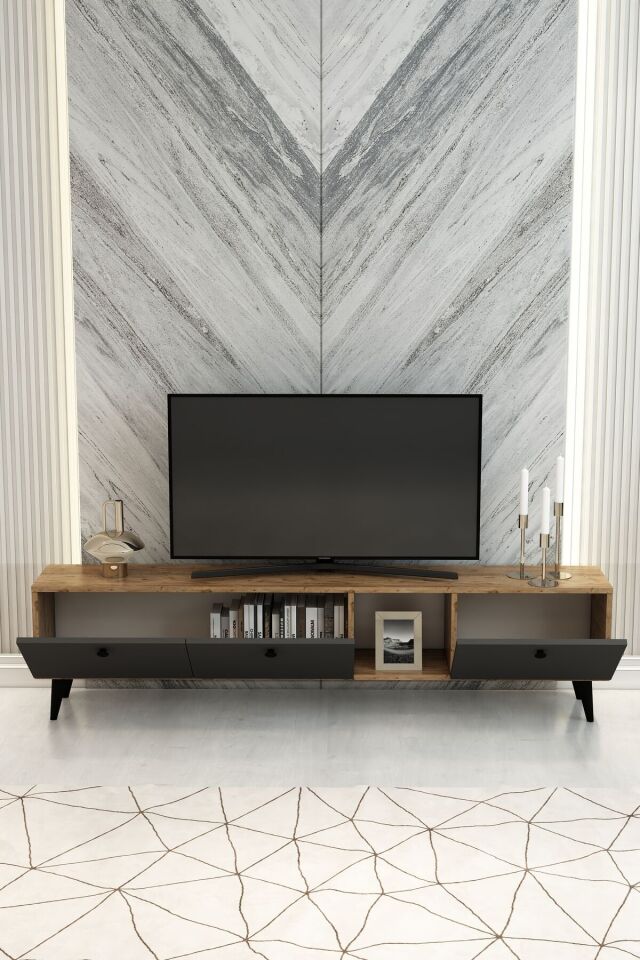 Model Hera 180 cm Çam Antrasit 3 Kapaklı Modern TV Ünitesi – Şık TV Sehpası | Televizyon Konsolu