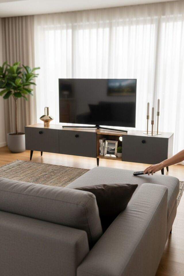 Model Hera 180 cm Çam Antrasit 3 Kapaklı Modern TV Ünitesi – Şık TV Sehpası | Televizyon Konsolu