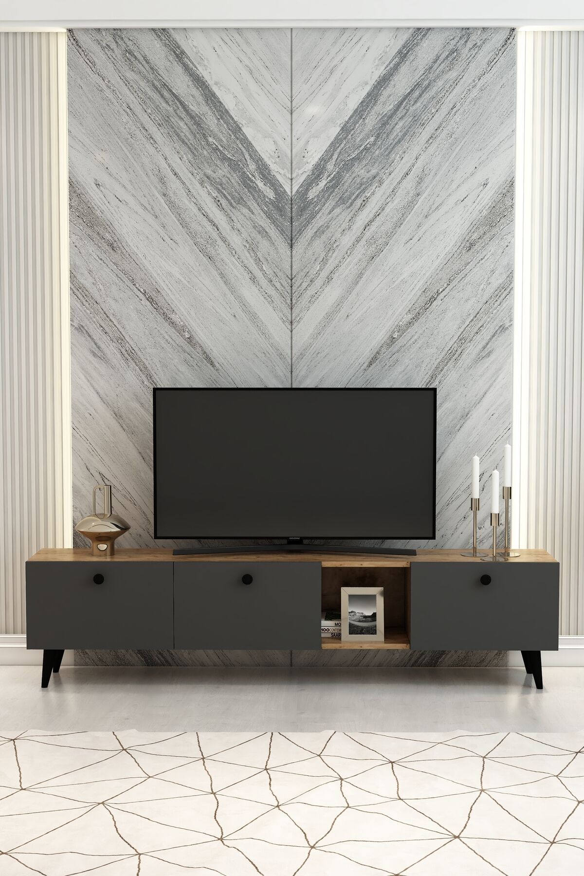 Model Hera 180 cm Çam Antrasit 3 Kapaklı Modern TV Ünitesi – Şık TV Sehpası | Televizyon Konsolu