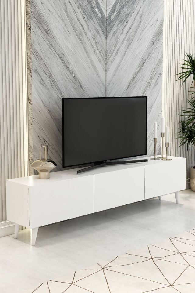 Model Vera 180 cm Beyaz 3 Kapaklı TV Ünitesi – Modern TV Sehpası | Televizyon Konsolu