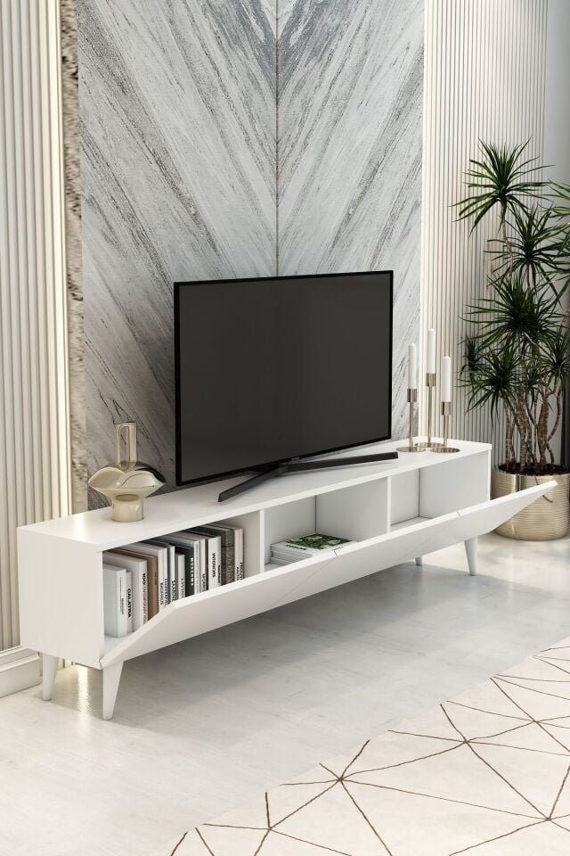 Model Vera 180 cm Beyaz 3 Kapaklı TV Ünitesi – Modern TV Sehpası | Televizyon Konsolu