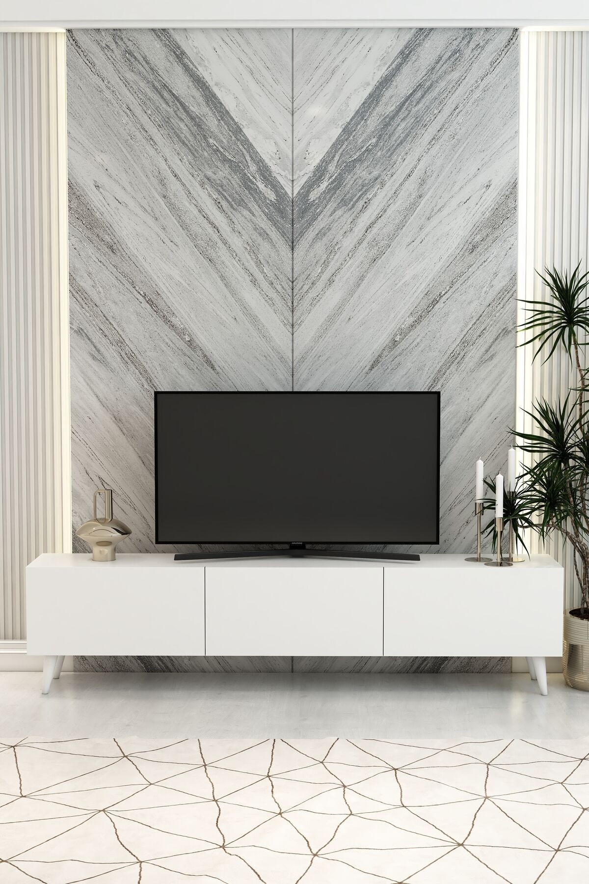 Model Vera 180 cm Beyaz 3 Kapaklı TV Ünitesi – Modern TV Sehpası | Televizyon Konsolu