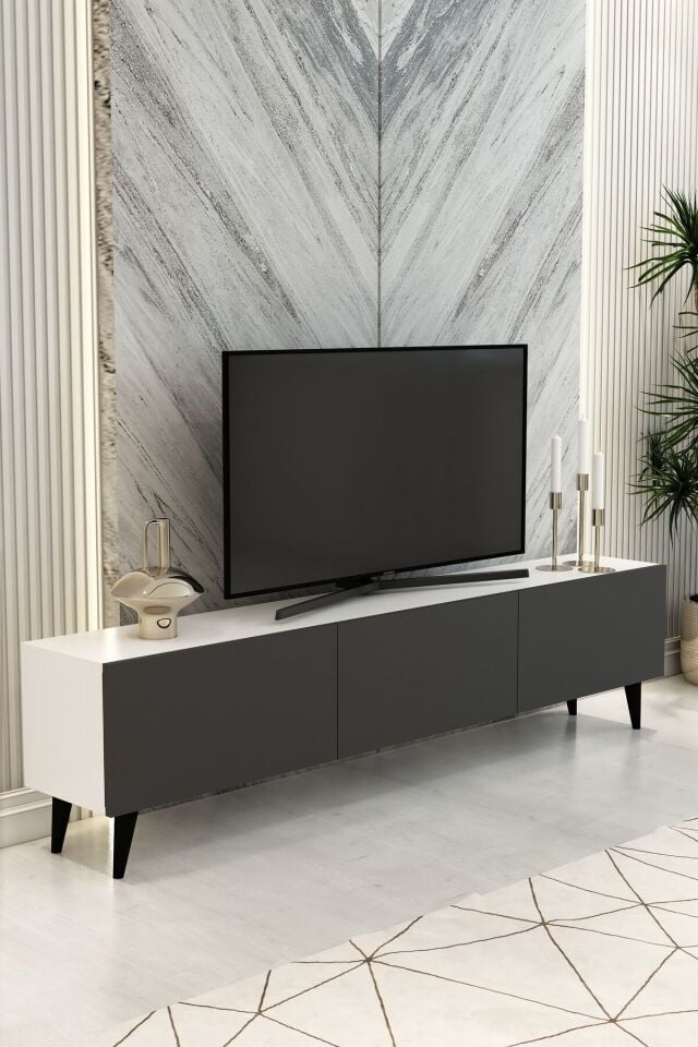 Model Vera 180 cm Beyaz Antrasit 3 Kapaklı TV Ünitesi – Modern TV Sehpası | Televizyon Konsolu