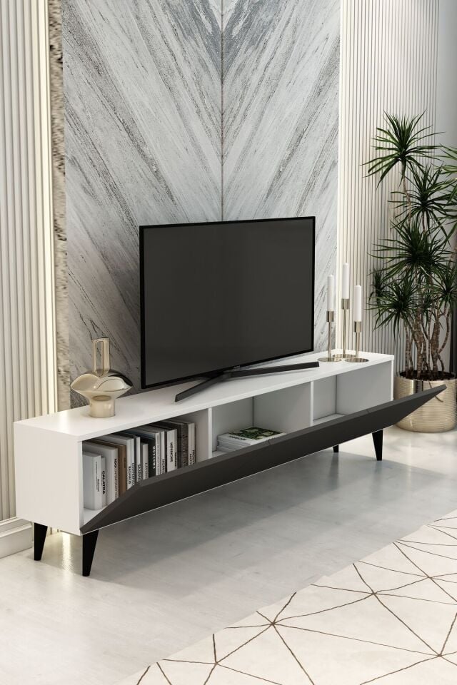 Model Vera 180 cm Beyaz Antrasit 3 Kapaklı TV Ünitesi – Modern TV Sehpası | Televizyon Konsolu