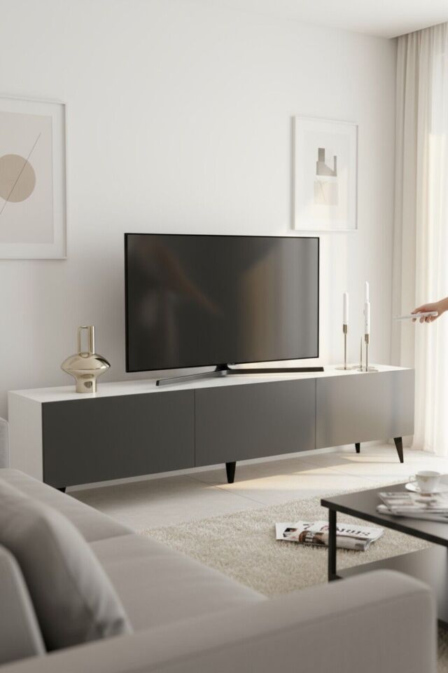Model Vera 180 cm Beyaz Antrasit 3 Kapaklı TV Ünitesi – Modern TV Sehpası | Televizyon Konsolu