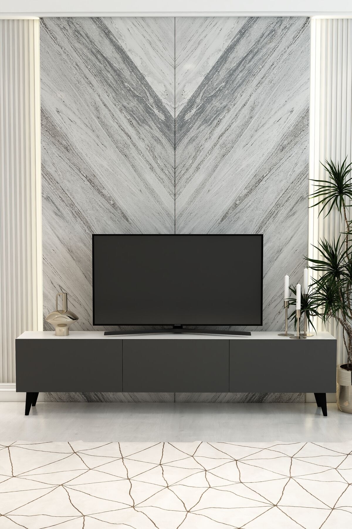 Model Vera 180 cm Beyaz Antrasit 3 Kapaklı TV Ünitesi – Modern TV Sehpası | Televizyon Konsolu