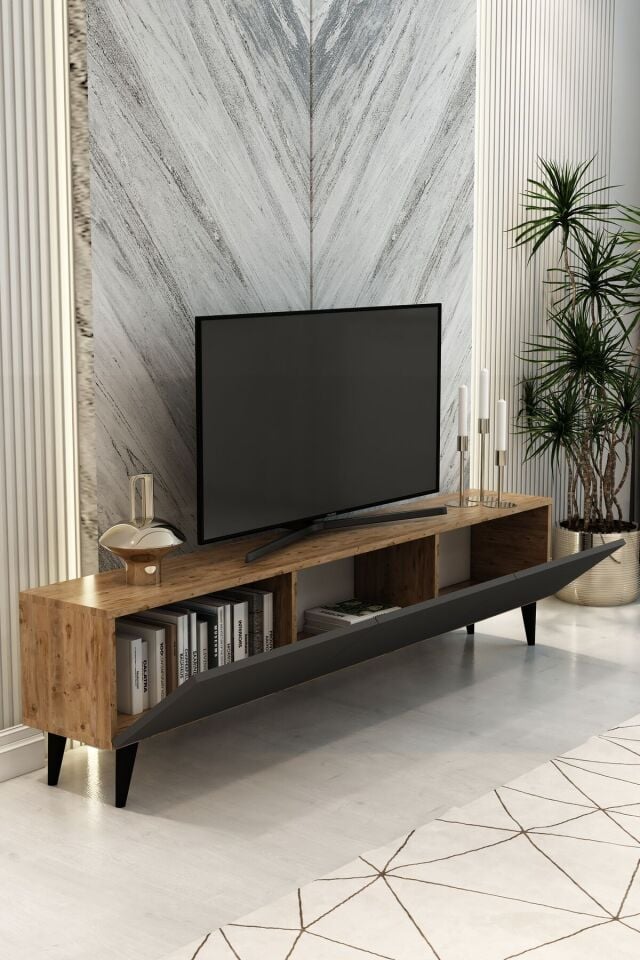 Model Vera 180 cm Çam Antrasit 3 Kapaklı TV Ünitesi – Modern TV Sehpası | Televizyon Konsolu