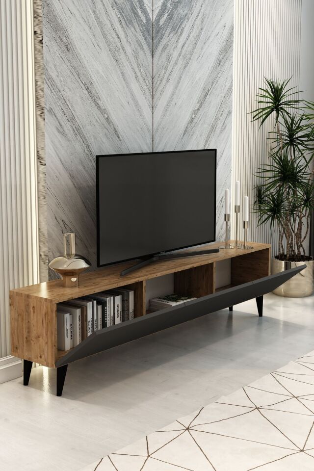 Model Vera 180 cm Çam Antrasit 3 Kapaklı TV Ünitesi – Modern TV Sehpası | Televizyon Konsolu
