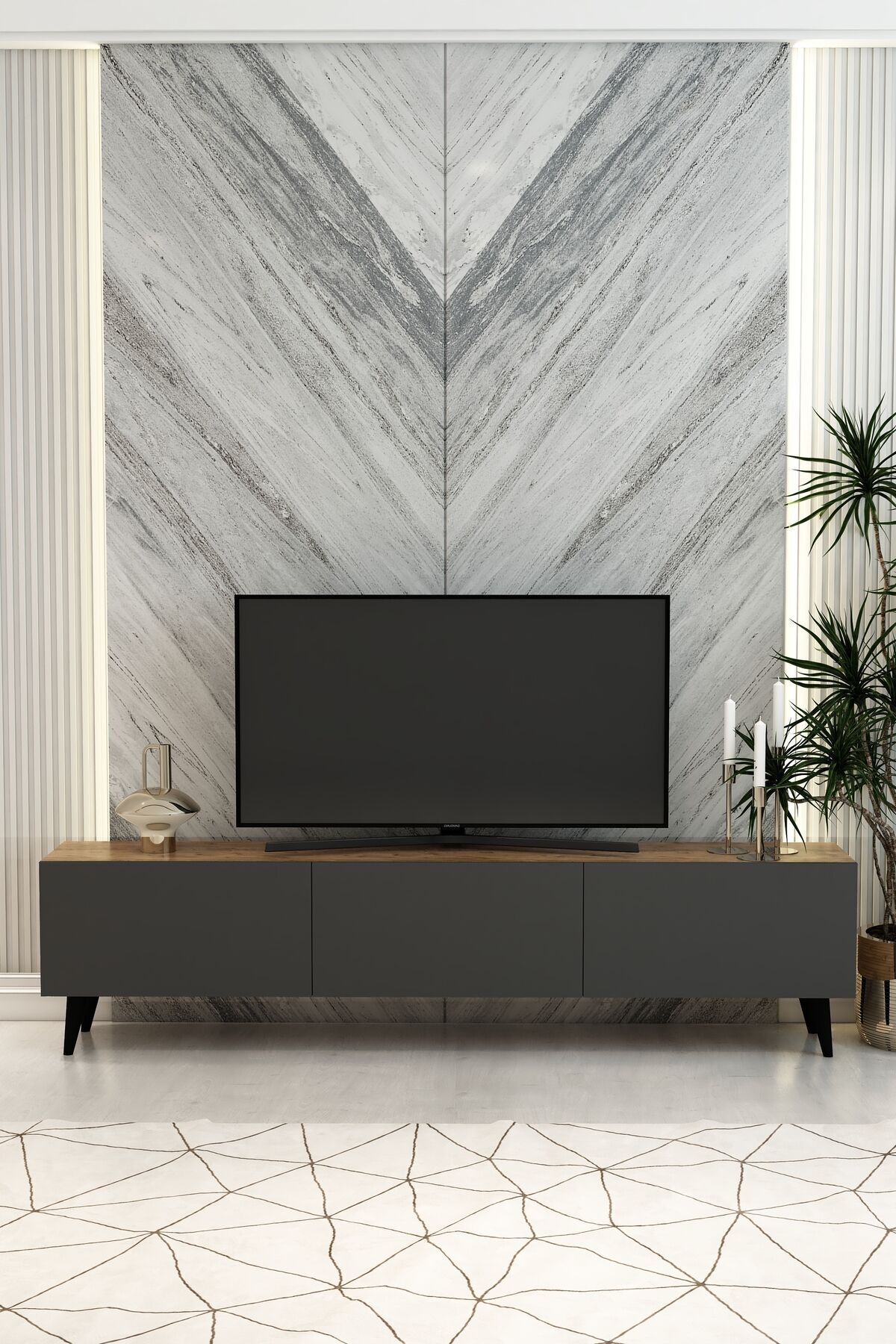 Model Vera 180 cm Çam Antrasit 3 Kapaklı TV Ünitesi – Modern TV Sehpası | Televizyon Konsolu