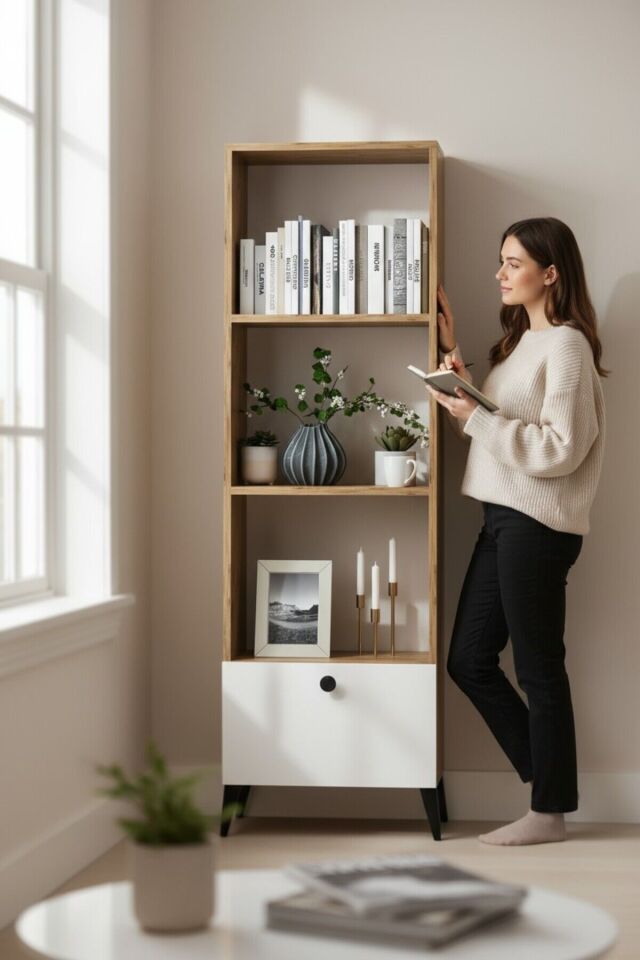 4 Raflı Beyaz Kapaklı Modern Kitaplık – Fonksiyonel Depolama ve Düzenleme Ünitesi