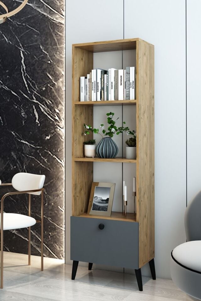 4 Raflı Antrasit Kapaklı Modern Kitaplık – Şık ve Fonksiyonel Depolama Ünitesi