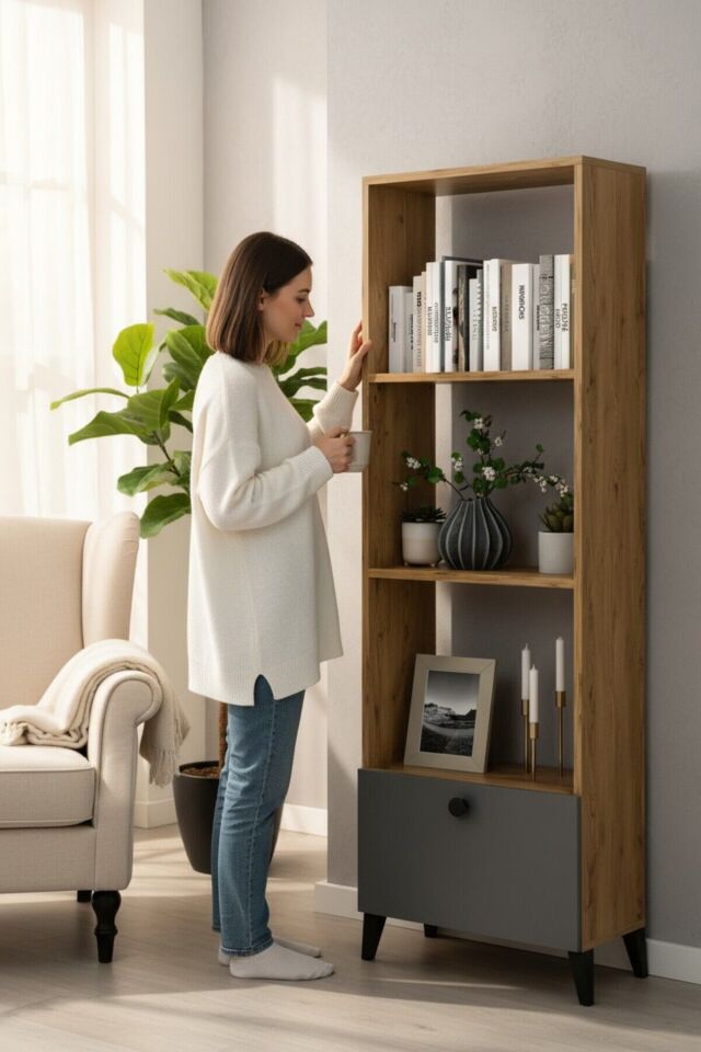 4 Raflı Antrasit Kapaklı Modern Kitaplık – Şık ve Fonksiyonel Depolama Ünitesi