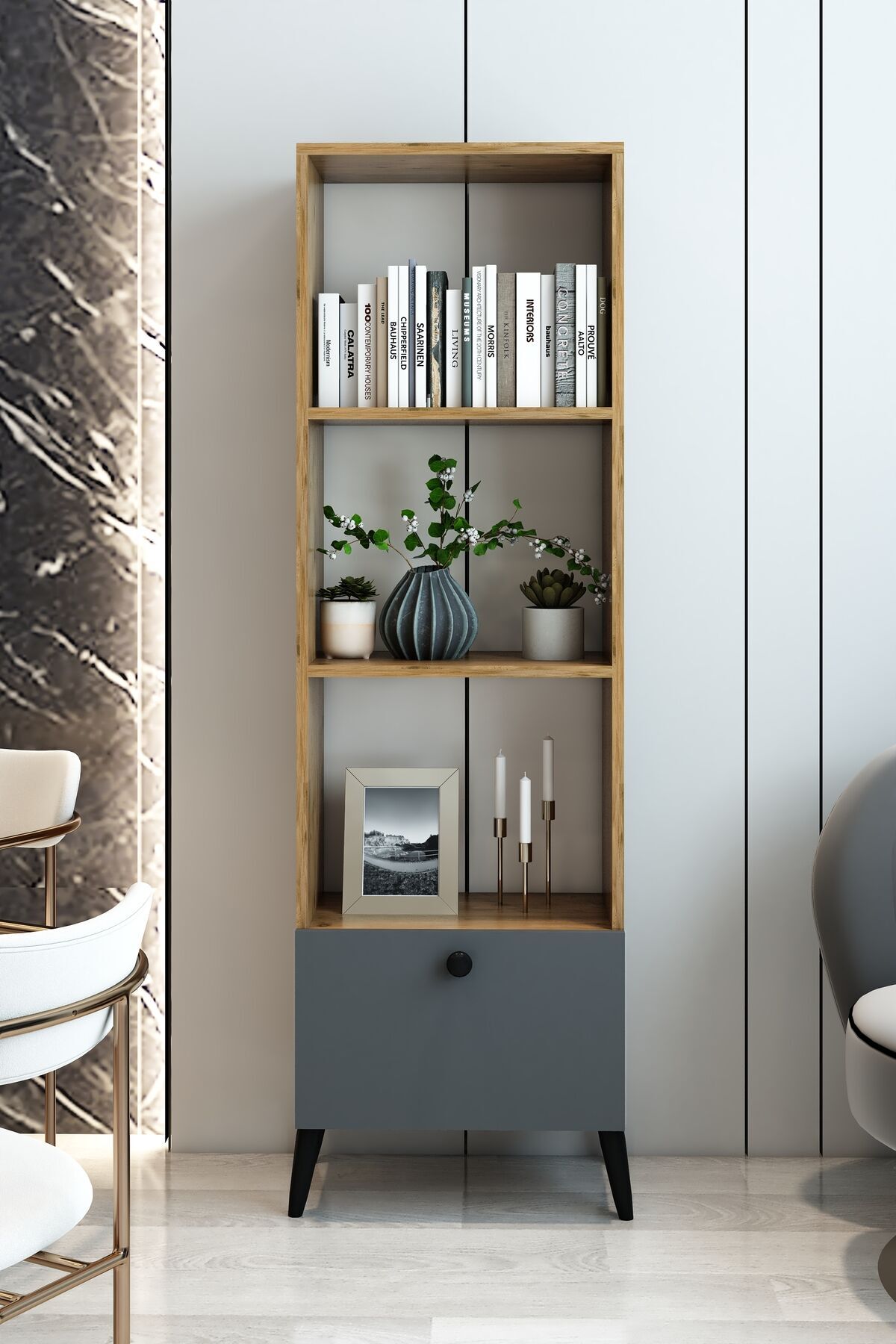 4 Raflı Antrasit Kapaklı Modern Kitaplık – Şık ve Fonksiyonel Depolama Ünitesi