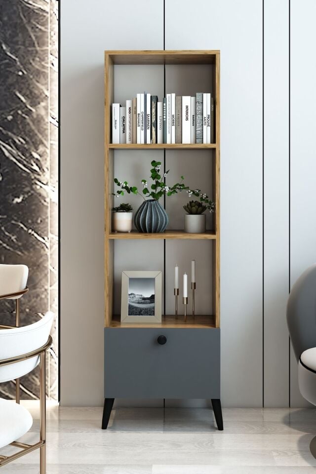 4 Raflı Antrasit Kapaklı Modern Kitaplık – Şık ve Fonksiyonel Depolama Ünitesi