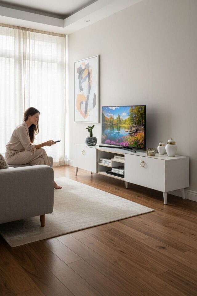 Model Z 150 cm Beyaz TV Ünitesi – Dekoratif Raflı İki Kapaklı Modern TV Sehpası | Televizyon Konsolu