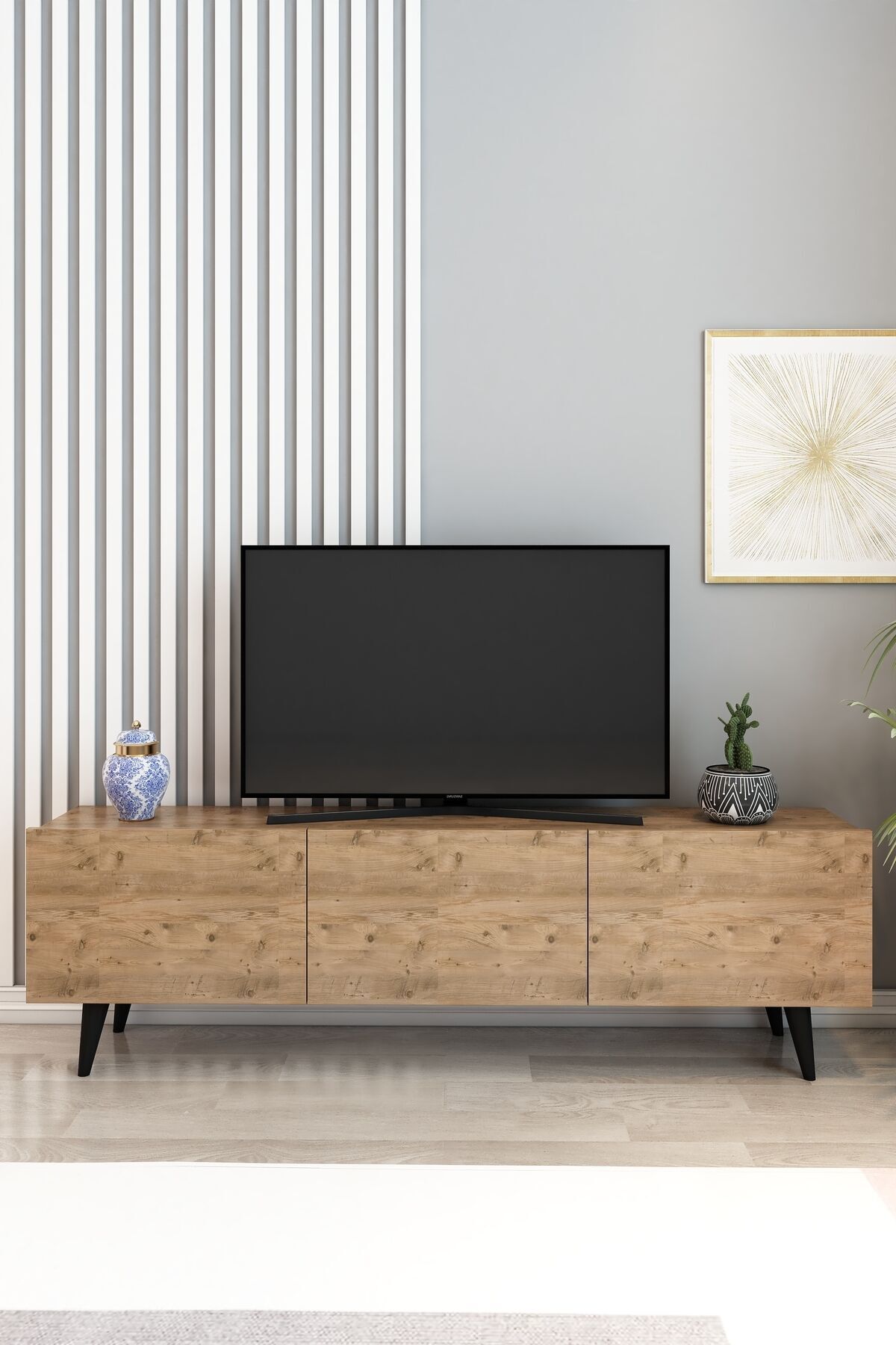 Model Ice 150 cm Çam TV Ünitesi – 3 Kapaklı Modern TV Sehpası | Televizyon Konsolu