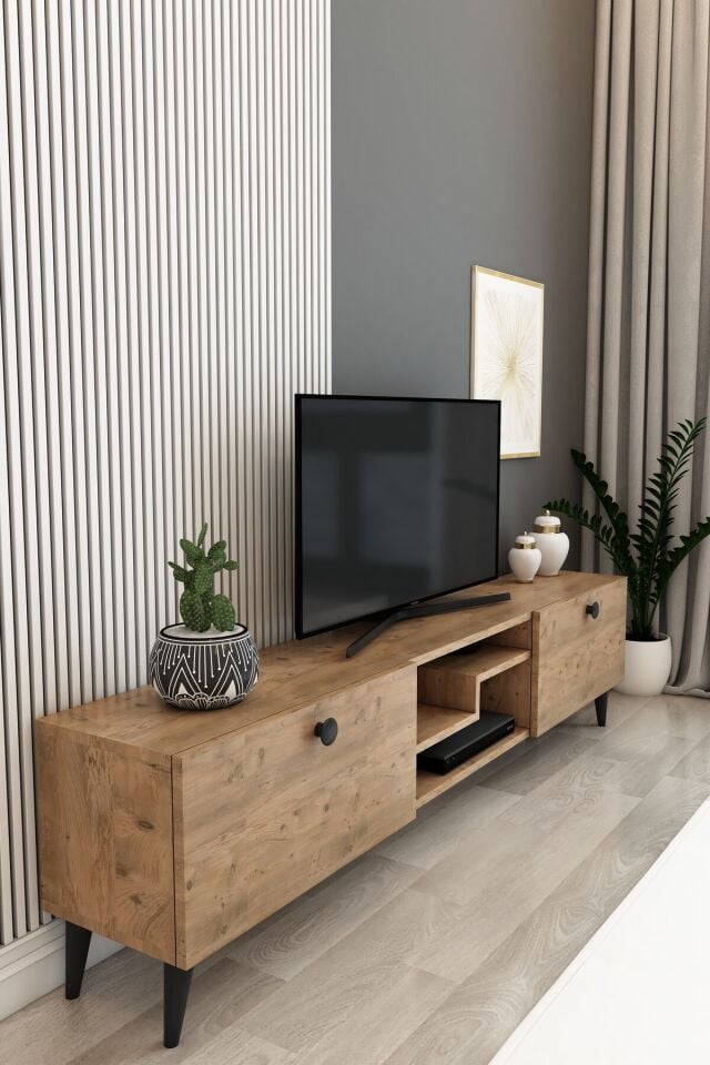Model Z 150 cm Çam TV Ünitesi – Dekoratif Raflı İki Kapaklı Modern TV Sehpası | Televizyon Konsolu