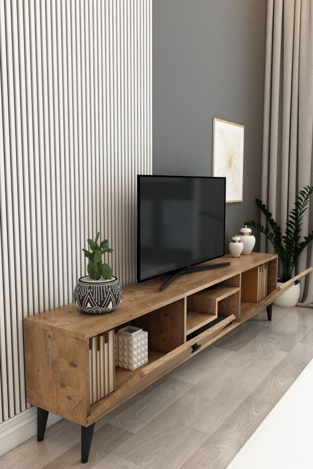 Model Z 150 cm Çam TV Ünitesi – Dekoratif Raflı İki Kapaklı Modern TV Sehpası | Televizyon Konsolu