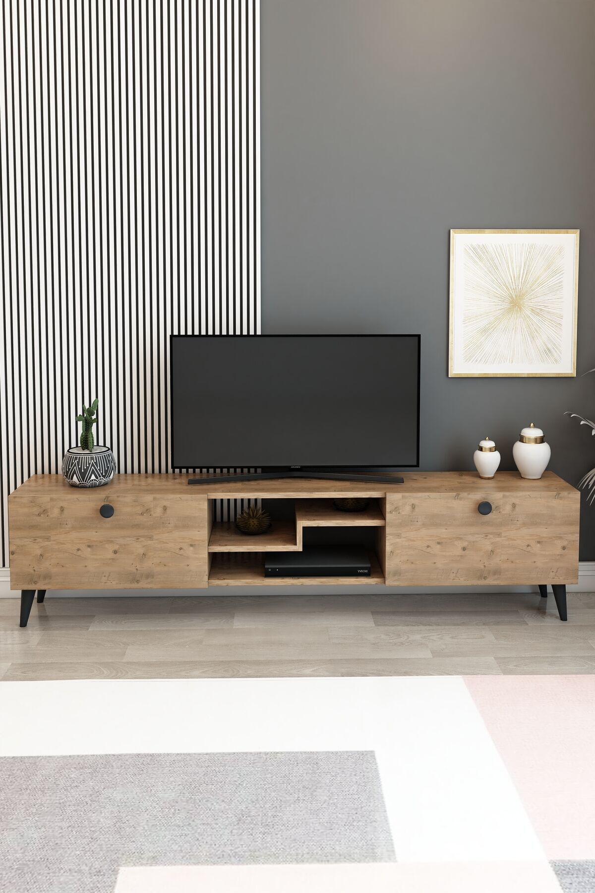 Model Z 150 cm Çam TV Ünitesi – Dekoratif Raflı İki Kapaklı Modern TV Sehpası | Televizyon Konsolu