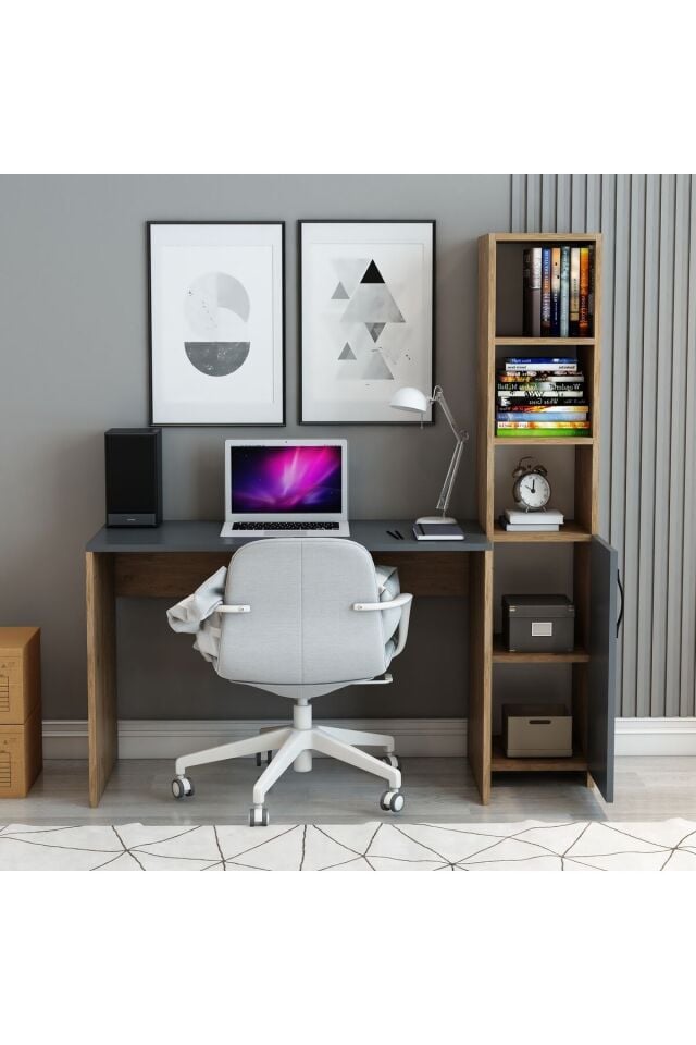 Çok Fonksiyonlu Antrasit Kitaplık | Dolap | Çalışma ve Bilgisayar Masası – Modern Ofis ve Ev Masası