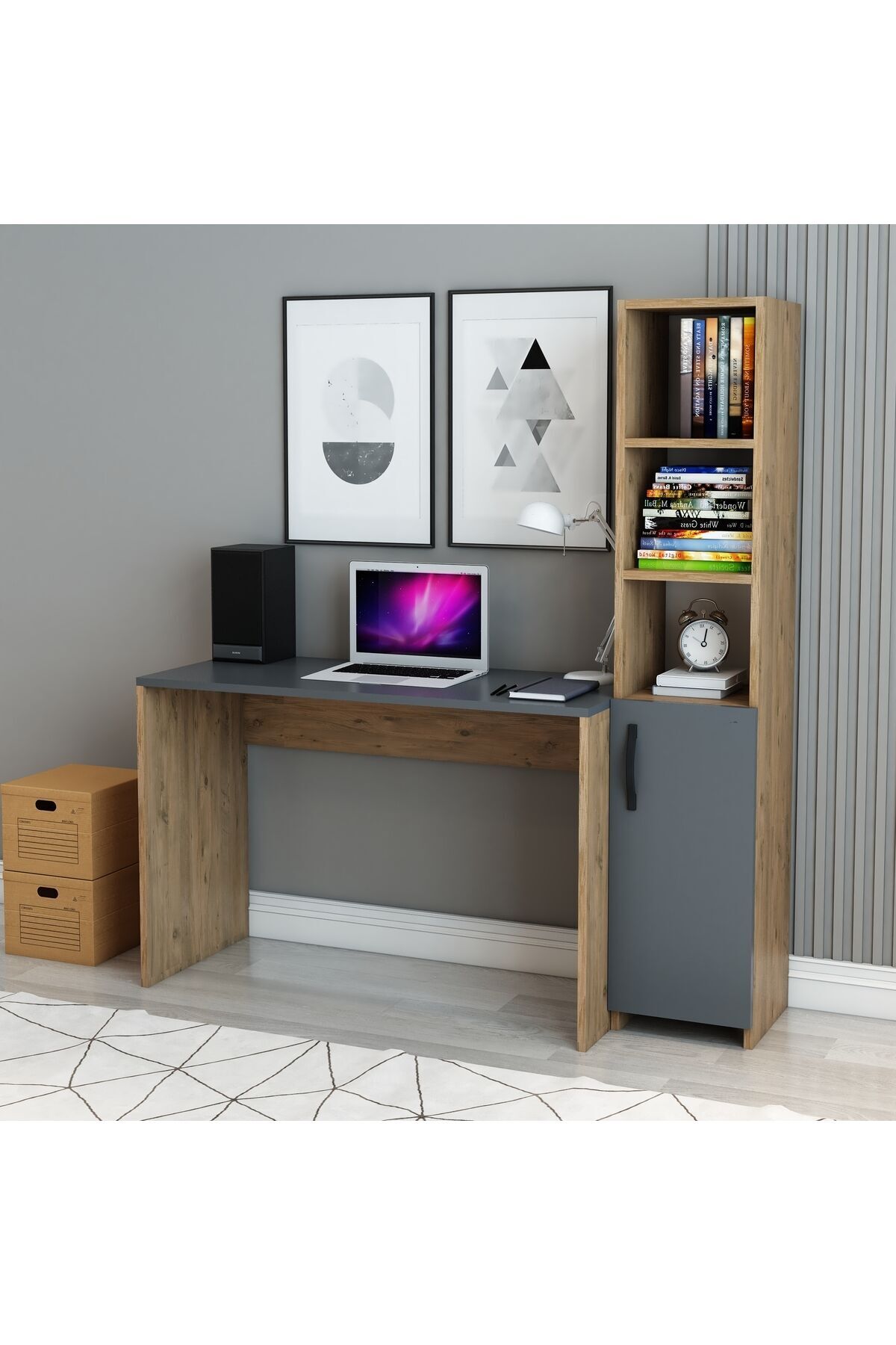 Çok Fonksiyonlu Antrasit Kitaplık | Dolap | Çalışma ve Bilgisayar Masası – Modern Ofis ve Ev Masası