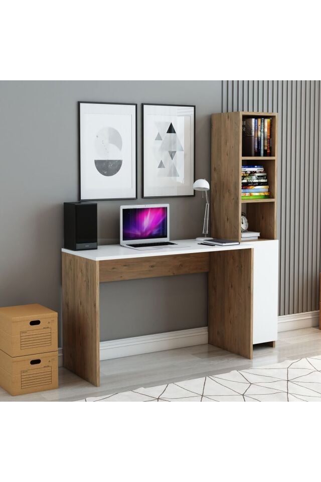 Beyaz Kapaklı Kahverengi Kitaplık | Dolap | Çalışma ve Bilgisayar Masası – Modern Ofis ve Ev Masası